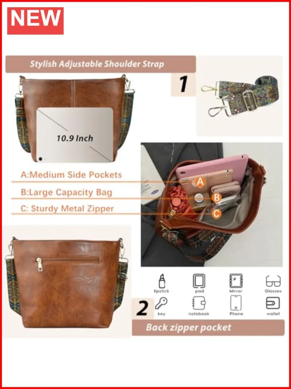 Vegan Leather Crossbody Bag Hobo Shoulder Purse with Zipper Handbags for Women